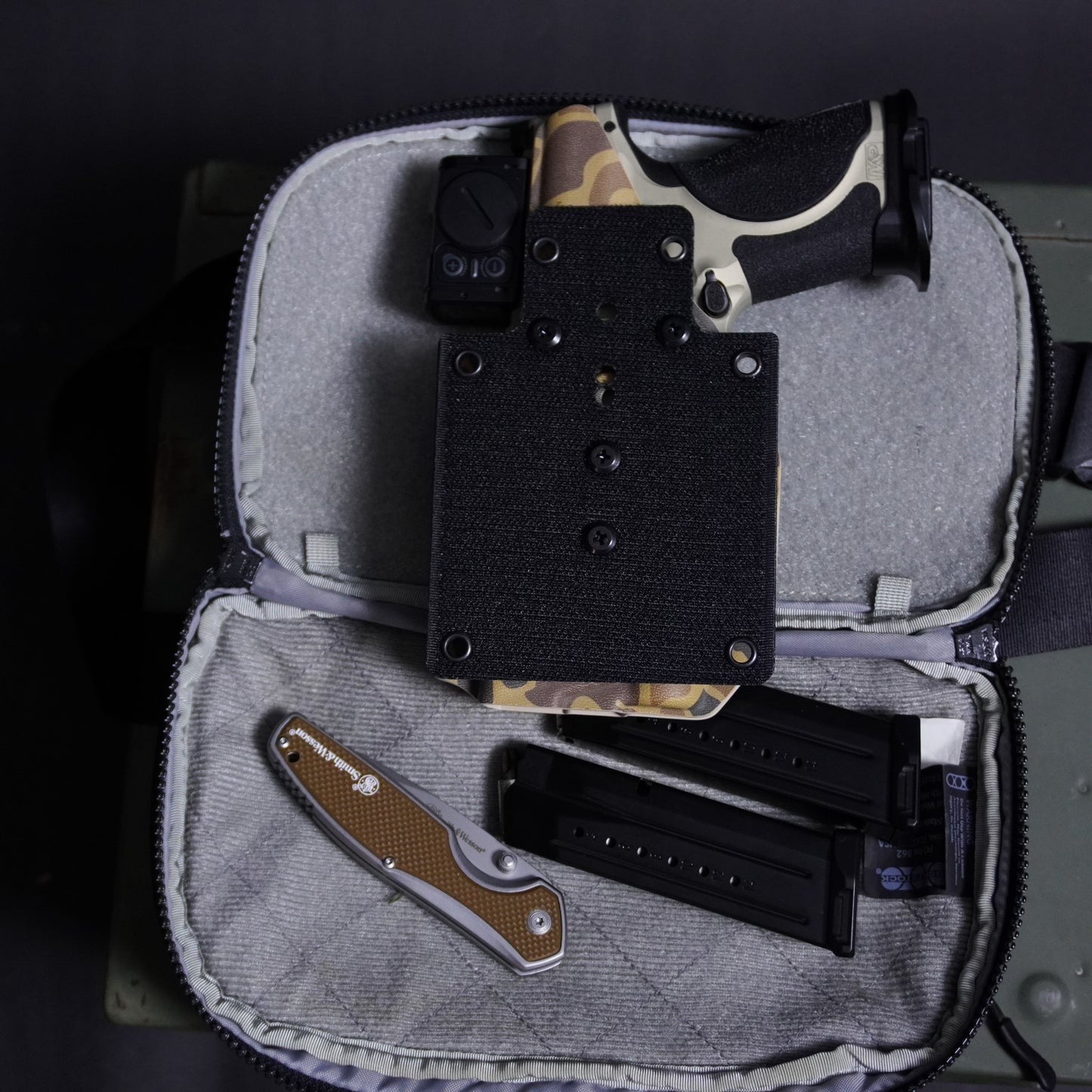 4BROS Hook & Loop Holster Mount fits Velcro-compatible backpack and sling bag panels for reliable EDC carry