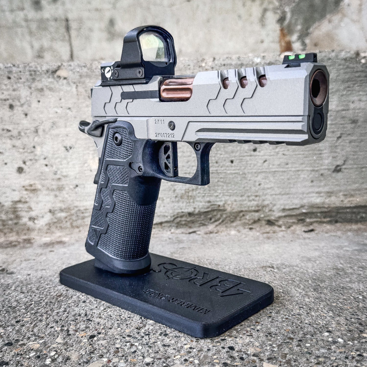 3D printed Kimber 2K11 pistol stand made from durable PETG. Perfect for firearm display, gun safe storage, and organizing your Kimber 2K11.