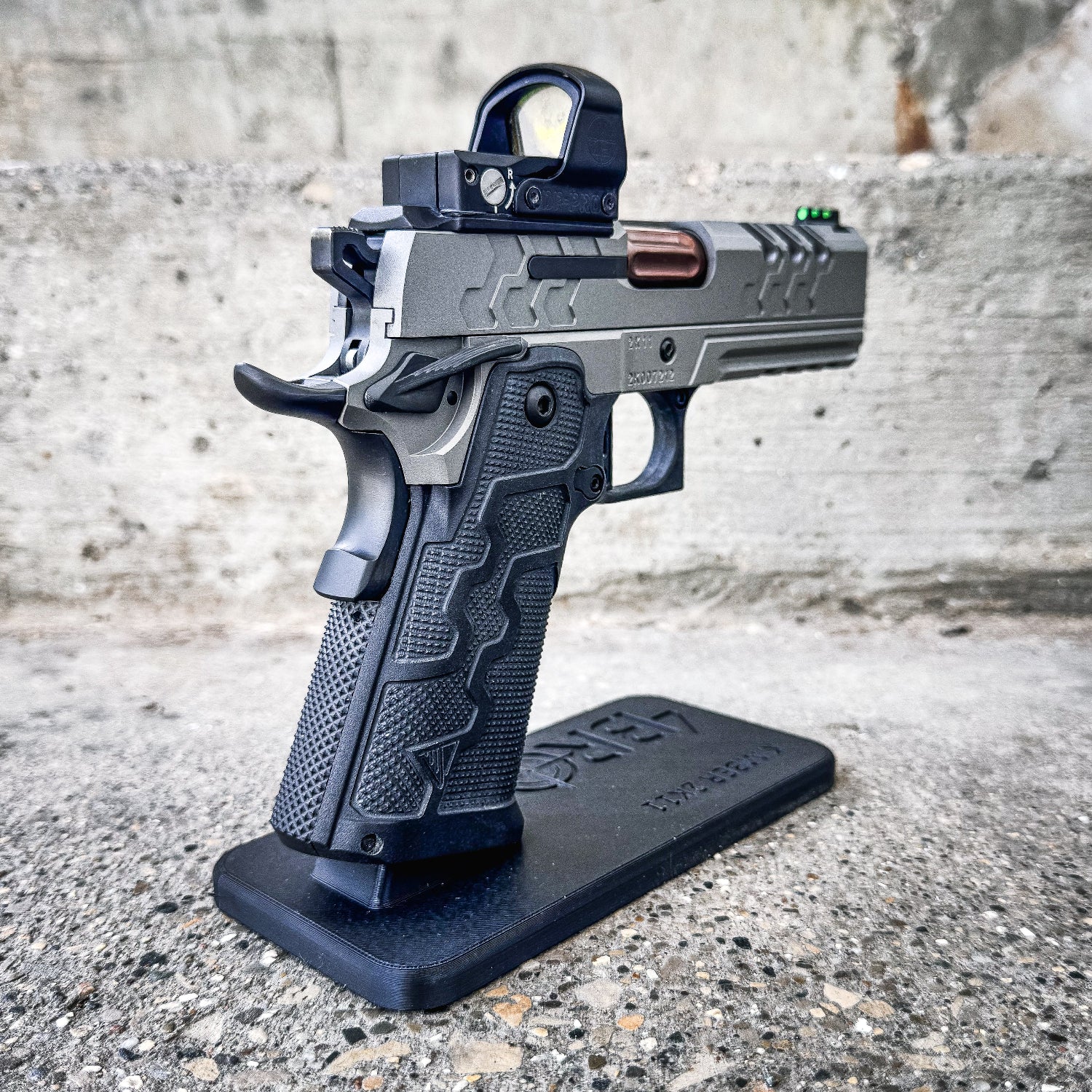 3D printed Kimber 2K11 pistol stand made from durable PETG. Perfect for firearm display, gun safe storage, and organizing your Kimber 2K11.