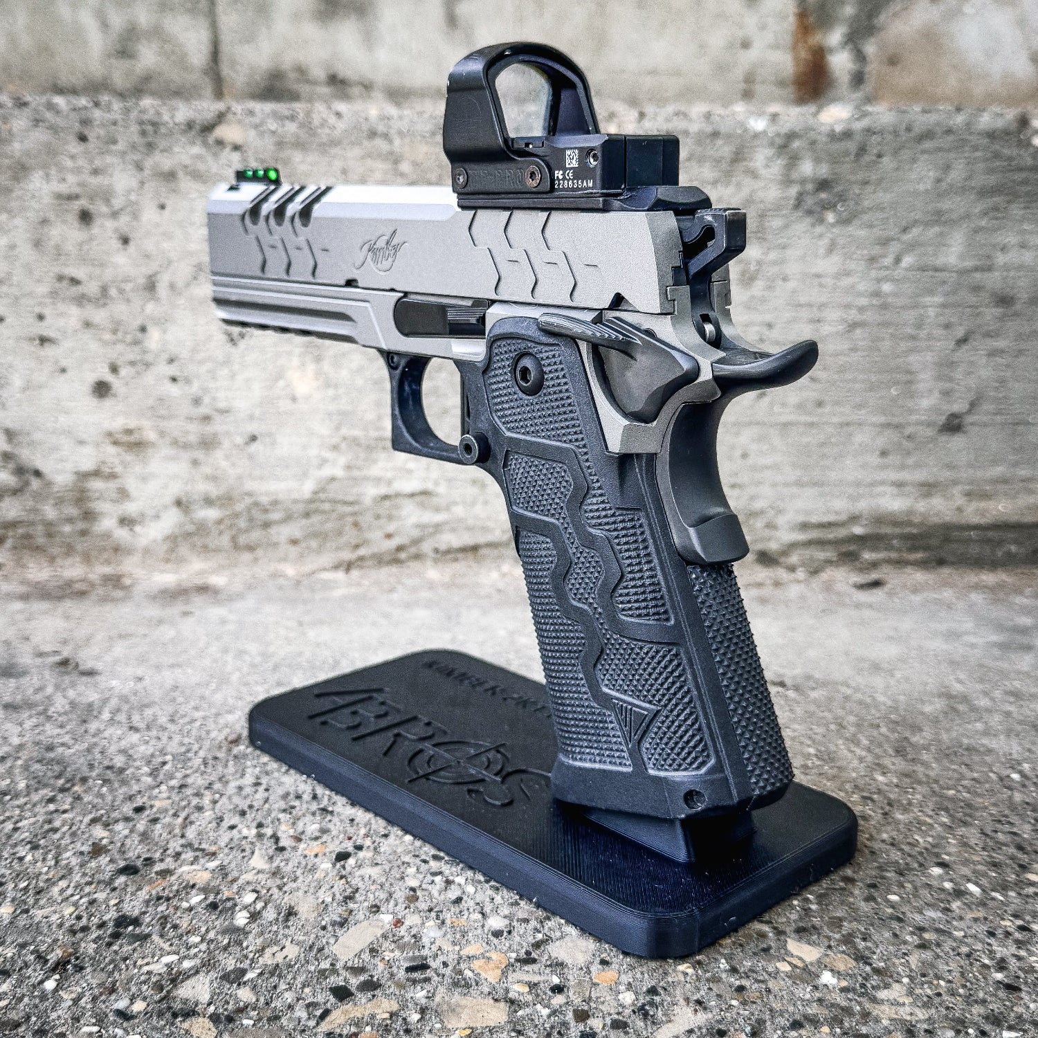 3D printed Kimber 2K11 pistol stand made from durable PETG. Perfect for firearm display, gun safe storage, and organizing your Kimber 2K11.