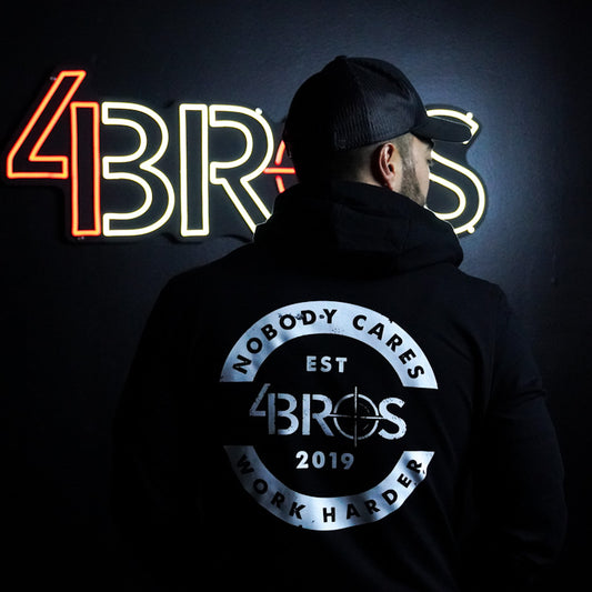 Four Brothers Holsters Nobody Cares Work Harder hoodie, Black with White Graphic