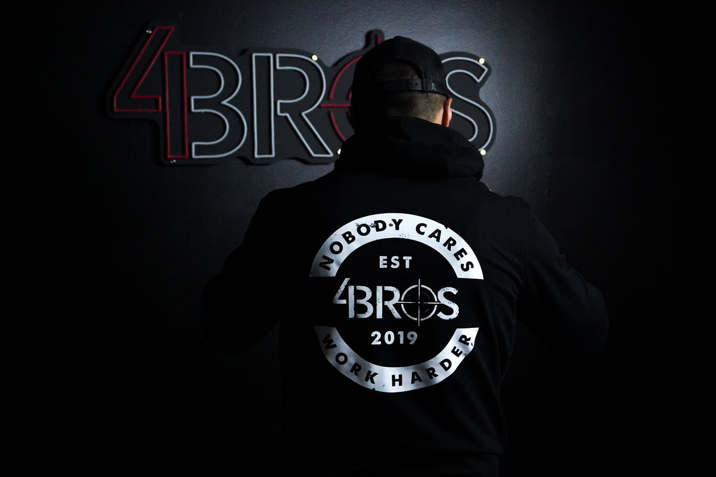 Four Brothers Holsters Nobody Cares Work Harder hoodie, Black with White Graphic