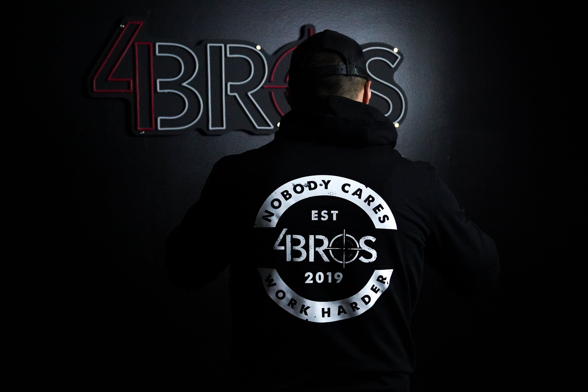 Four Brothers Holsters Nobody Cares Work Harder hoodie, Black with White Graphic