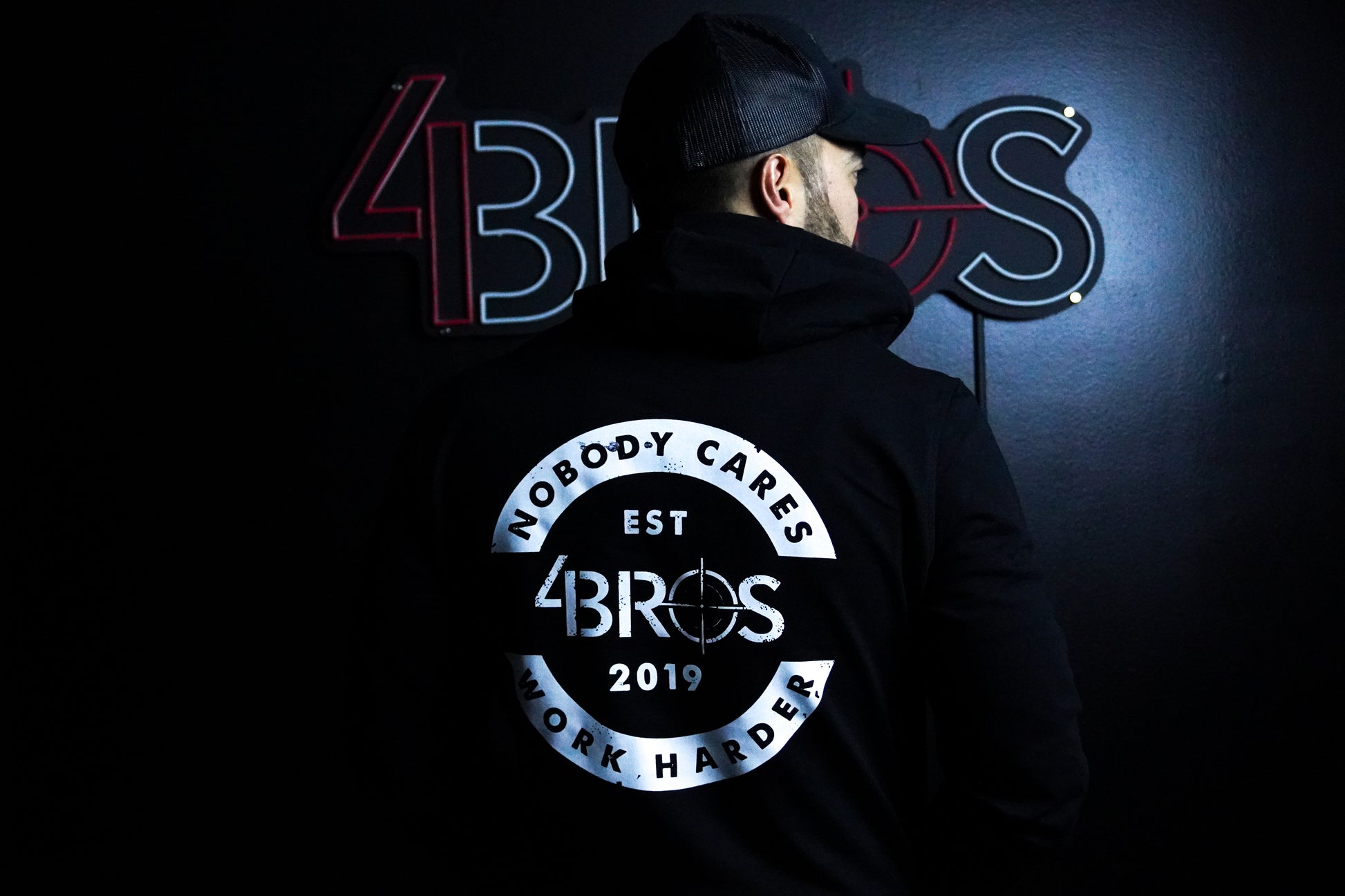 Four Brothers Holsters Nobody Cares Work Harder hoodie, Black with White Graphic