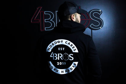 Four Brothers Holsters Nobody Cares Work Harder hoodie, Black with White Graphic