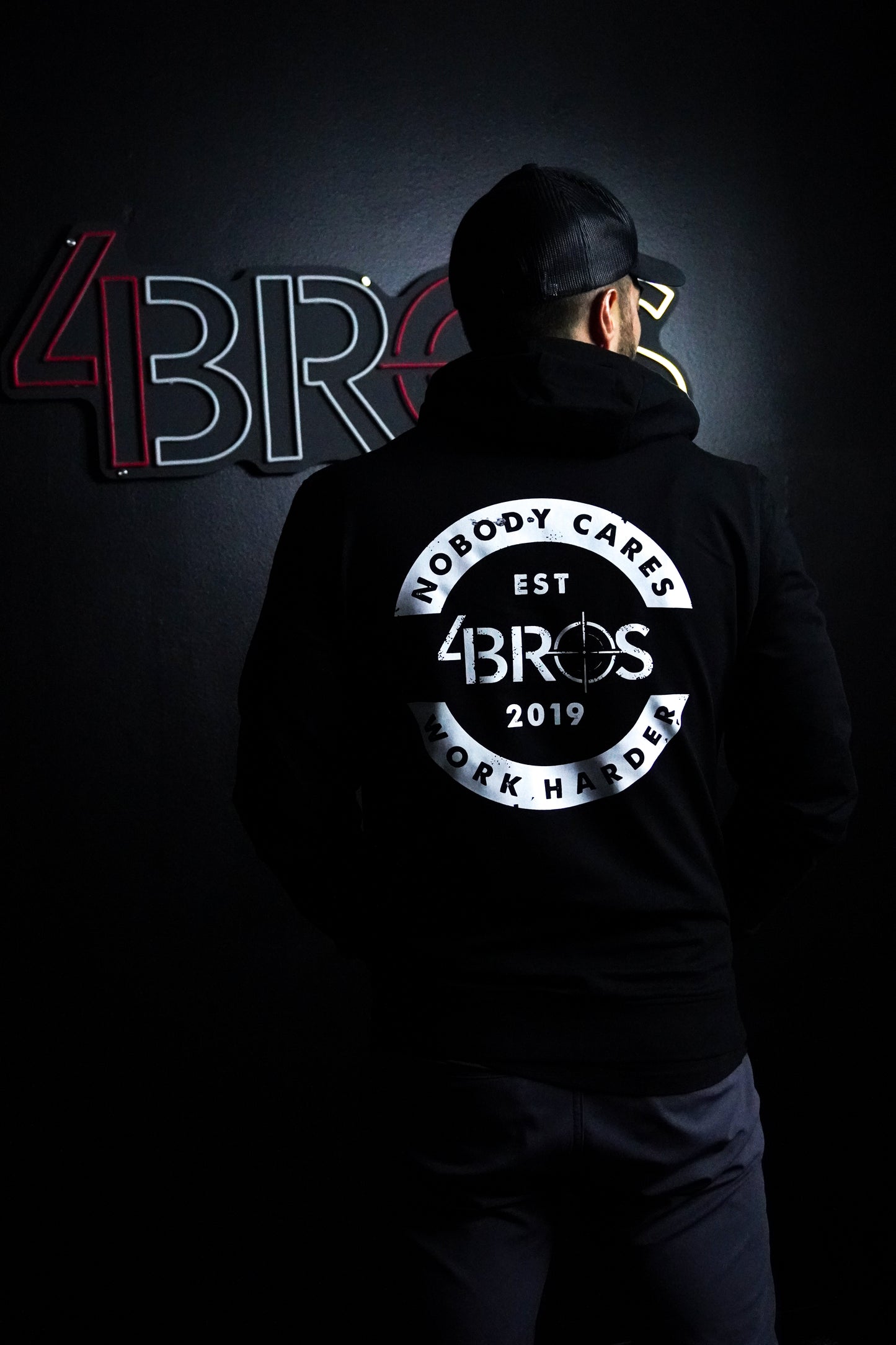 Four Brothers Holsters Nobody Cares Work Harder hoodie, Black with White Graphic