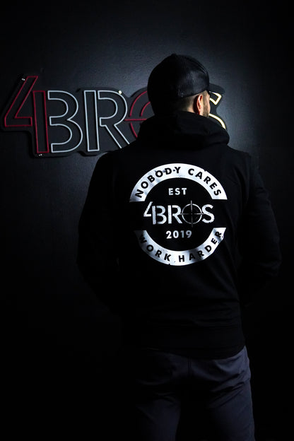 Four Brothers Holsters Nobody Cares Work Harder hoodie, Black with White Graphic