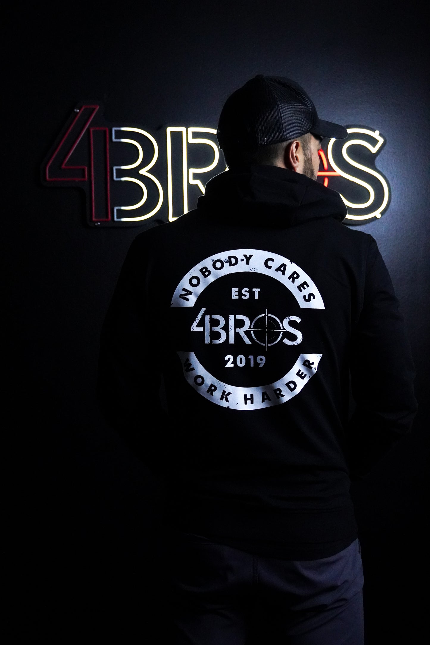 Four Brothers Holsters Nobody Cares Work Harder hoodie, Black with White Graphic