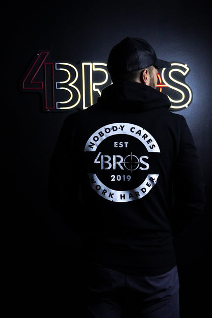 Four Brothers Holsters Nobody Cares Work Harder hoodie, Black with White Graphic