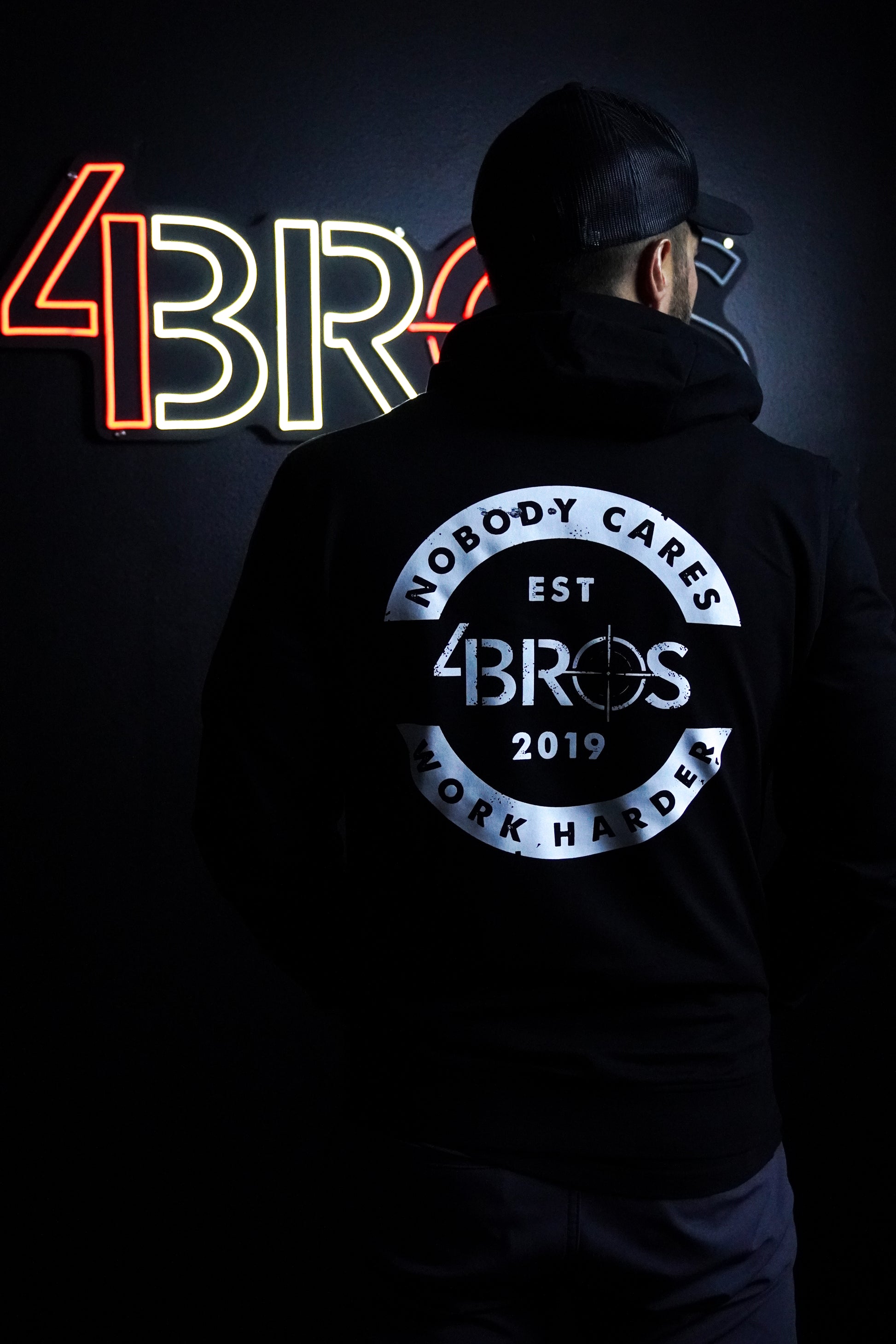 Four Brothers Holsters Nobody Cares Work Harder hoodie, Black with White Graphic