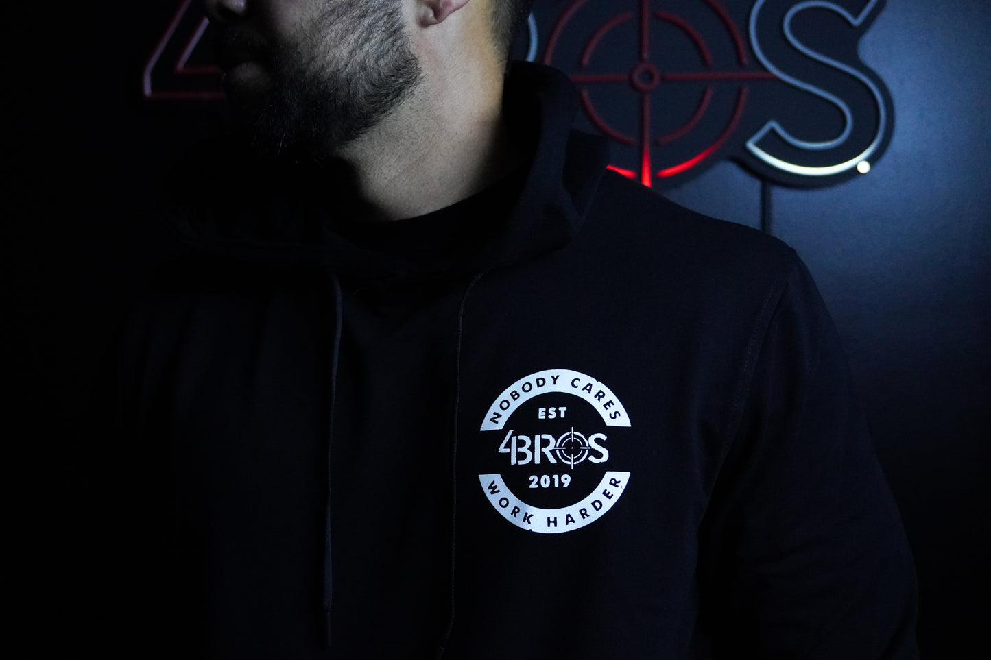 Four Brothers Holsters Nobody Cares Work Harder hoodie, Black with White Graphic