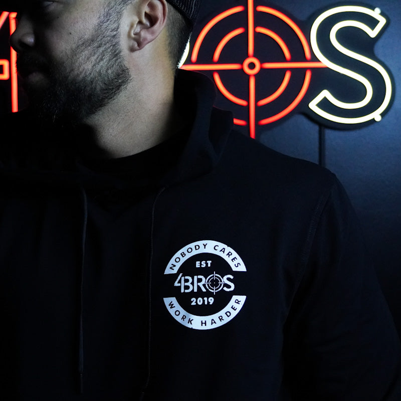 Four Brothers Holsters Nobody Cares Work Harder hoodie, Black with White Graphic