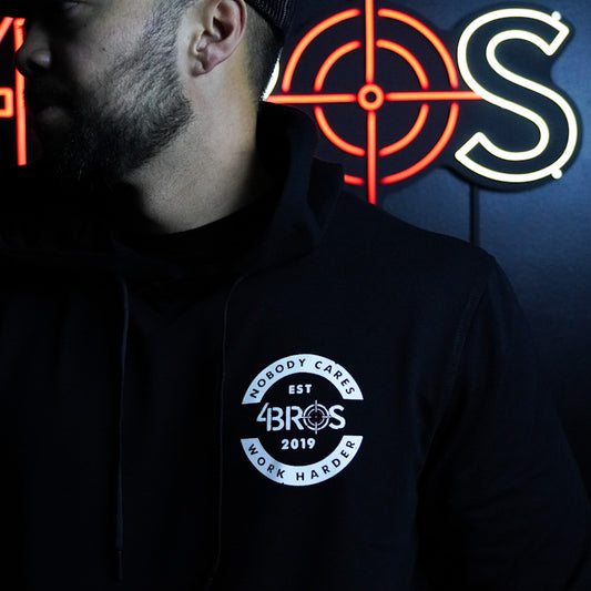 Four Brothers Holsters Nobody Cares Work Harder hoodie, Black with White Graphic