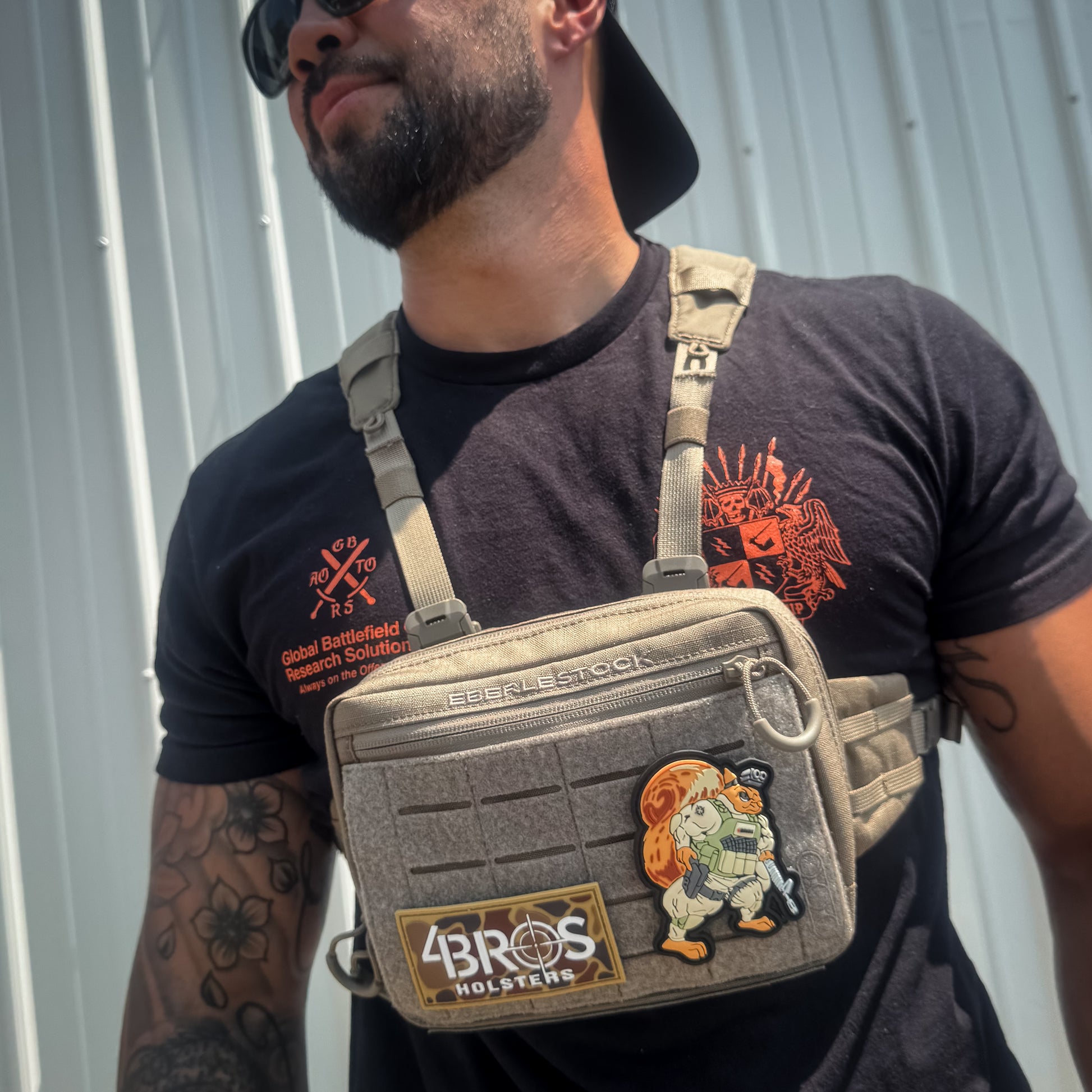 4BROS Holsters Logo Duck Camo PVC Patch measures 1 3/4" x 3 1/2" with a bold white logo on a duck camo background for range bags and gear.