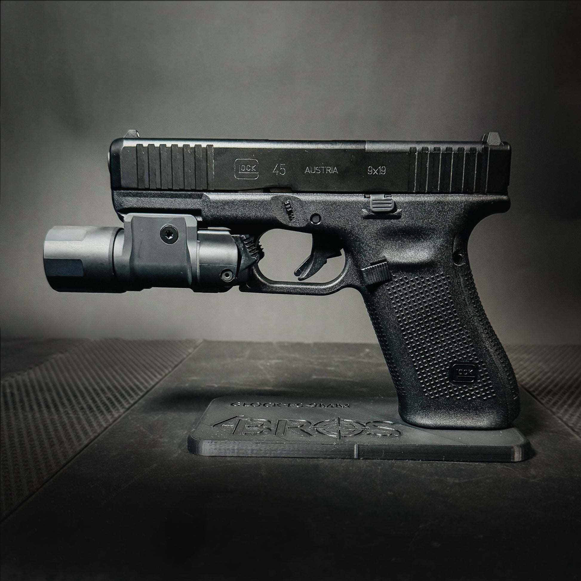 3D-printed Pistol Stand for the Glock 9 mm full-size pistol from Four Brothers Holsters
