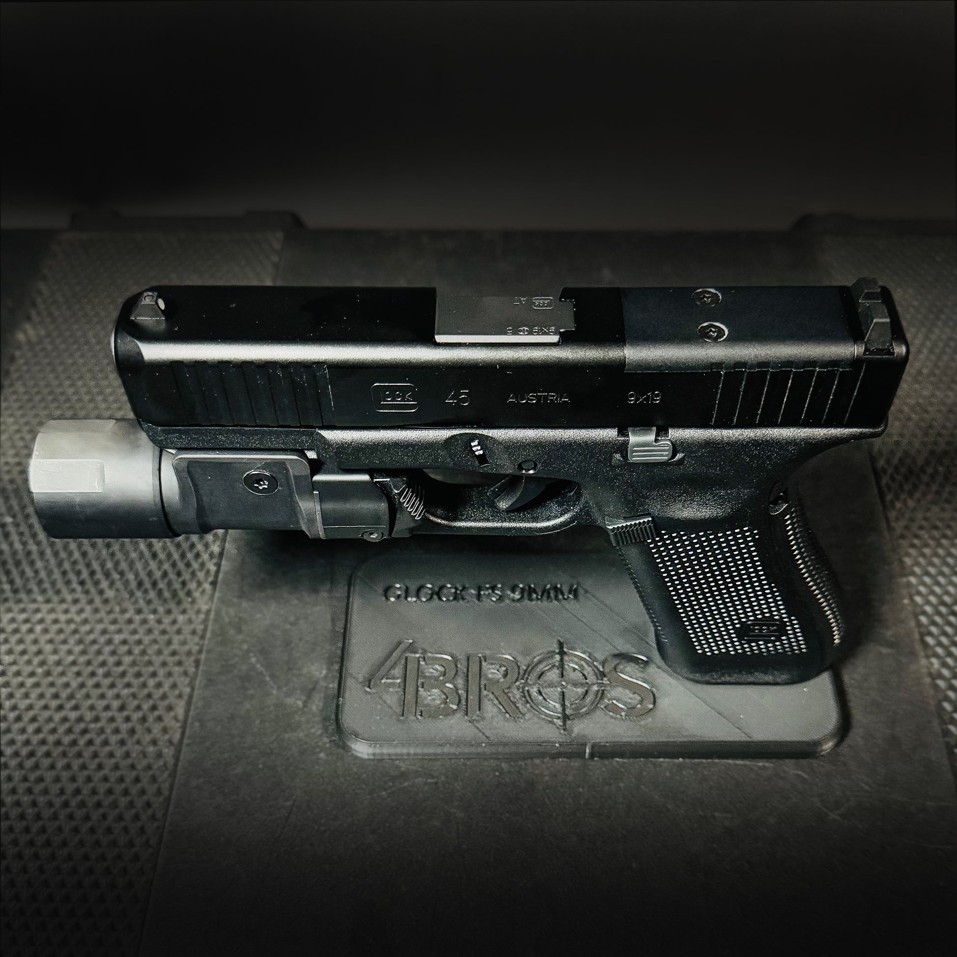 3D-printed Pistol Stand for the Glock 9 mm full-size pistol from Four Brothers Holsters