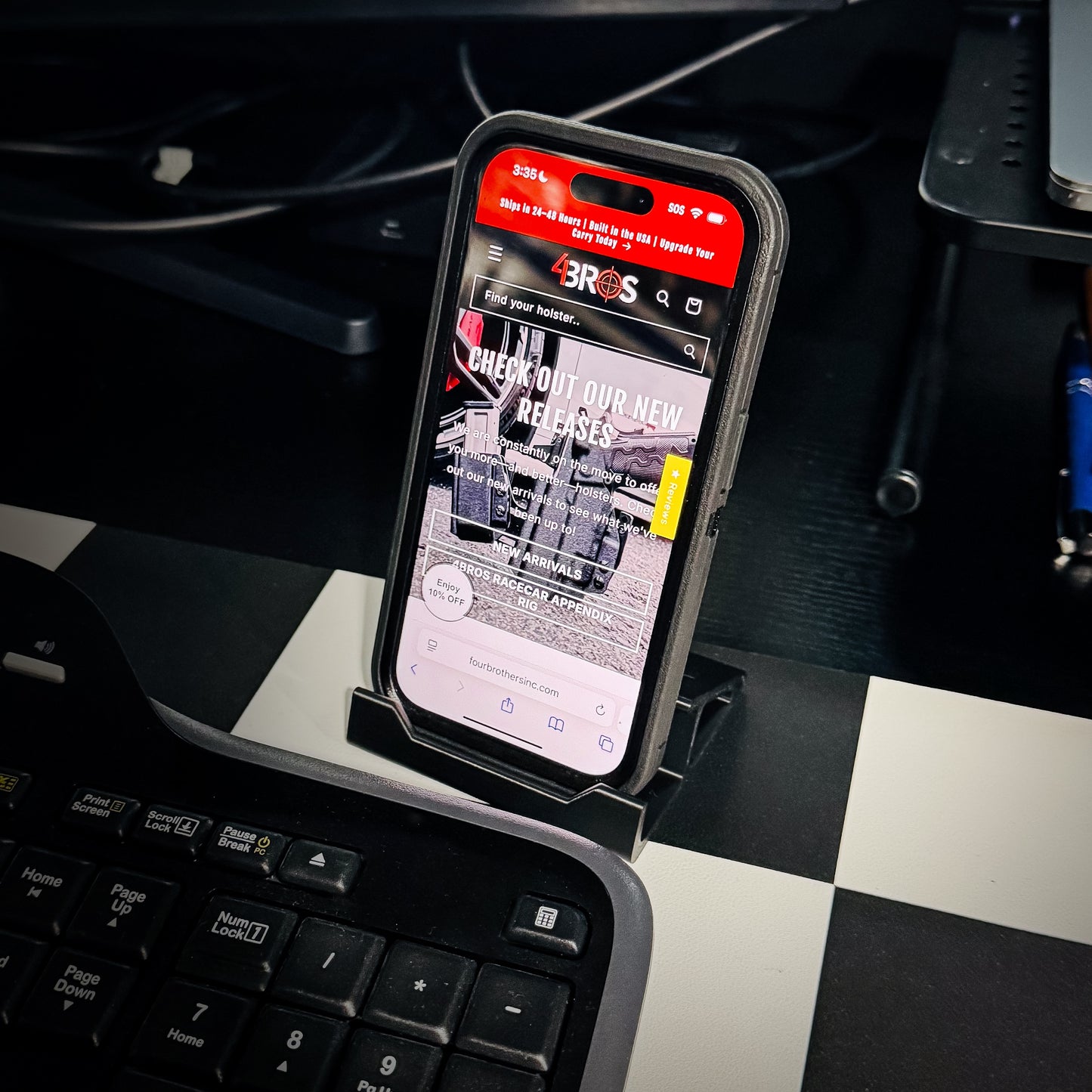 Compact smartphone stand designed and produced by Four Brothers Holsters
