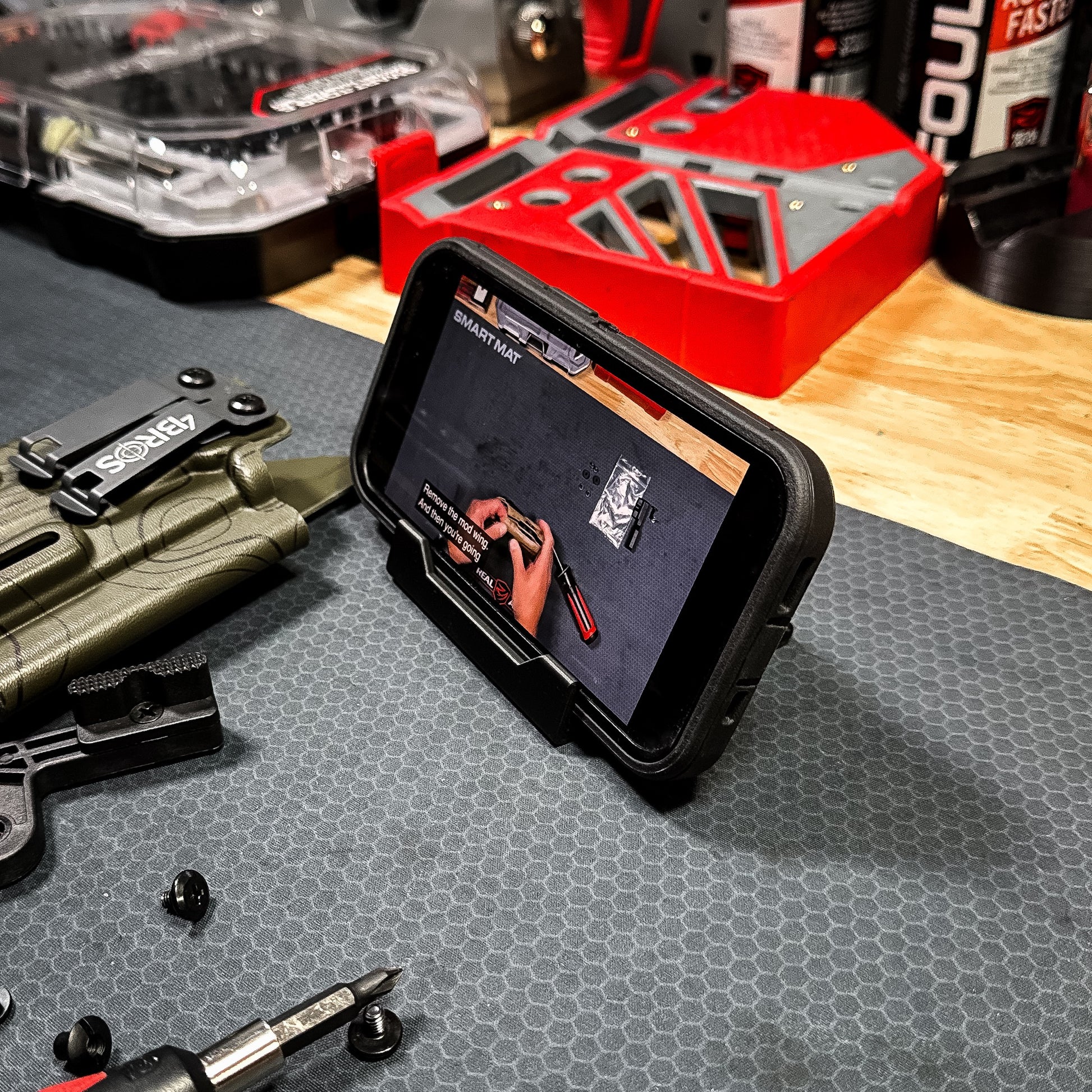 Compact smartphone stand designed and produced by Four Brothers Holsters