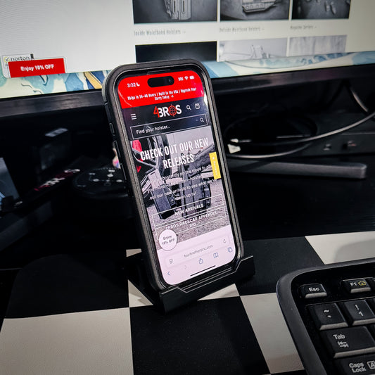 Compact smartphone stand designed and produced by Four Brothers Holsters