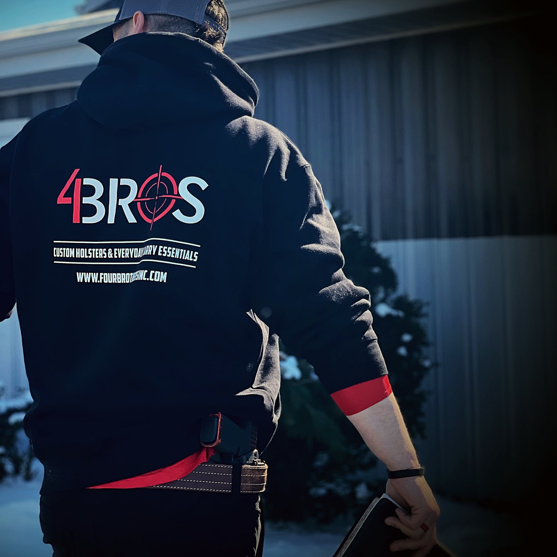 Introducing the Four Brothers Holsters Classic Mid-Weight Black Hoodie designed for comfort, style, warmth, concealed carry, and sustainability. Made in the USA