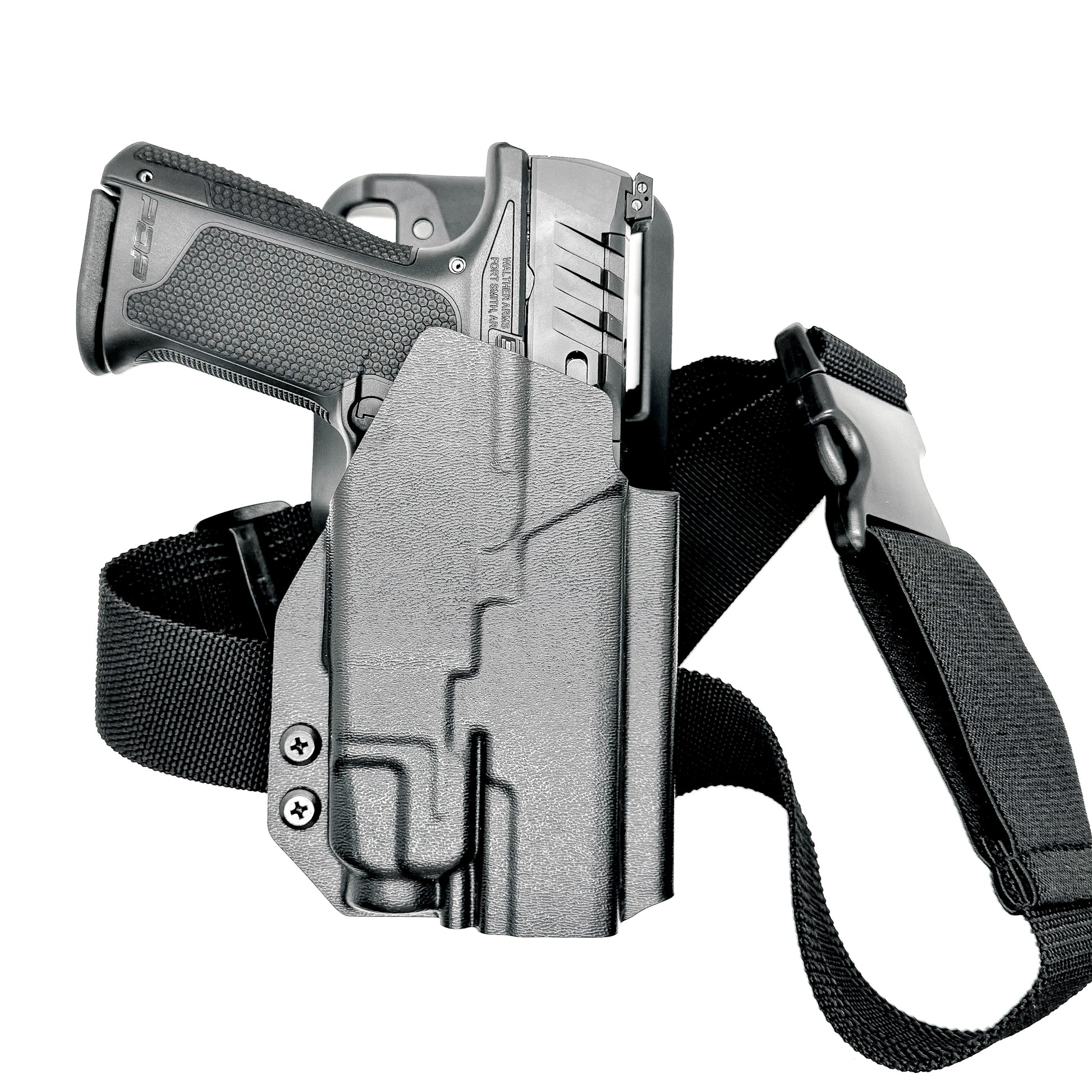 Holster thigh straps help keep a low or mid-ride holster from pulling away from the body when drawing your pistol. Our strap works well with the Safariland UBL and Blade-Tech Duty Drop holster attachments. Proudly made in the USA and also proudly made in Indiana. Our 1 1/2" Strap is made of a Polypropylene webbing 
