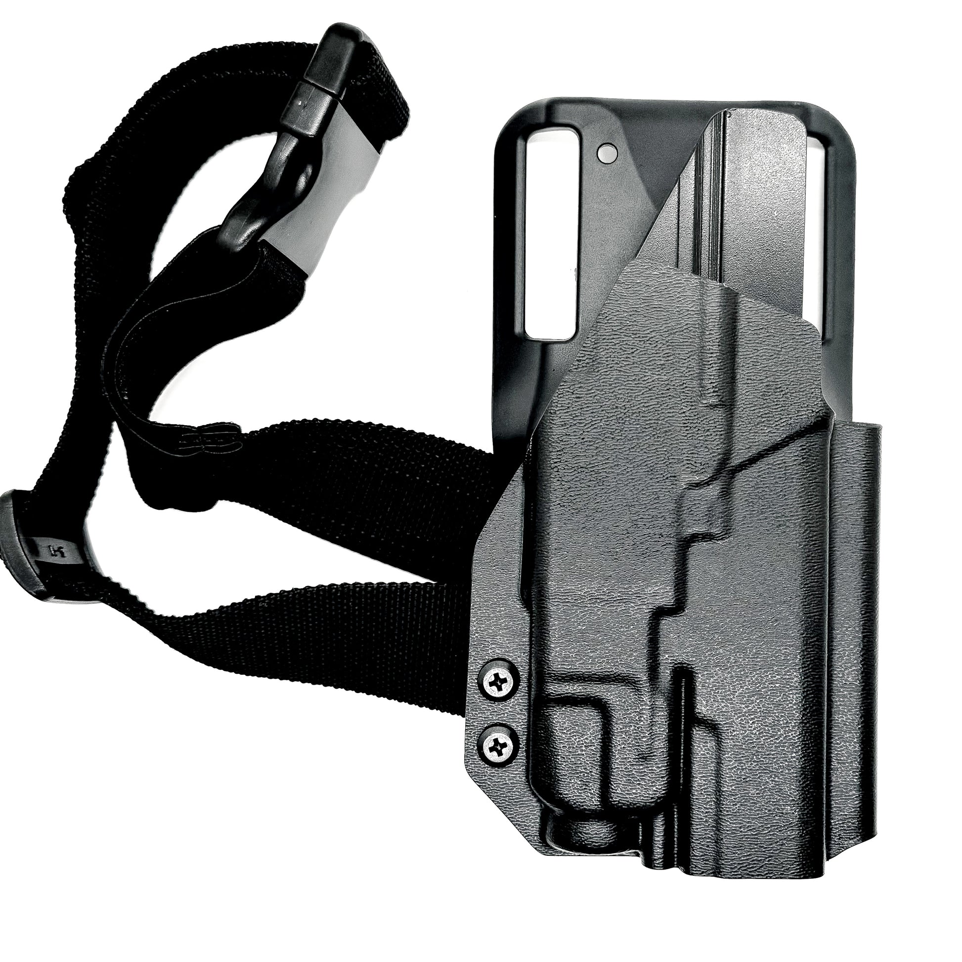 Holster thigh straps help keep a low or mid-ride holster from pulling away from the body when drawing your pistol. Our strap works well with the Safariland UBL and Blade-Tech Duty Drop holster attachments. Proudly made in the USA and also proudly made in Indiana. Our 1 1/2" Strap is made of a Polypropylene webbing 
