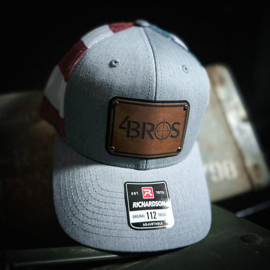 The 4Bros Proud Patriot Trucker is our take on what a true American should wear! It is intended to be your everyday hat, just like our holsters. Take it with you everywhere. The more wear it has and the dirtier it gets, the better it looks. 4Bros Laser Engraved Leather Logo, Comfort fit, and Snapback closure.