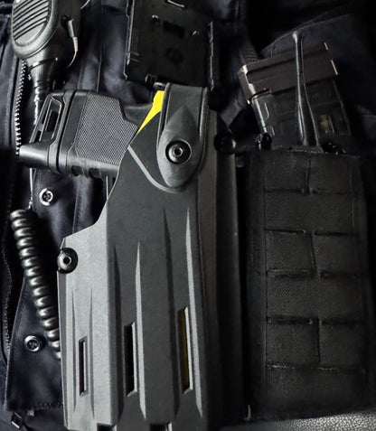 For the best Molle Adapter designed to fit the Safariland Taser 7 holster, shop Four Brothers 4BROS Holsters. Adjustable cant.  Proudly made in the USA.