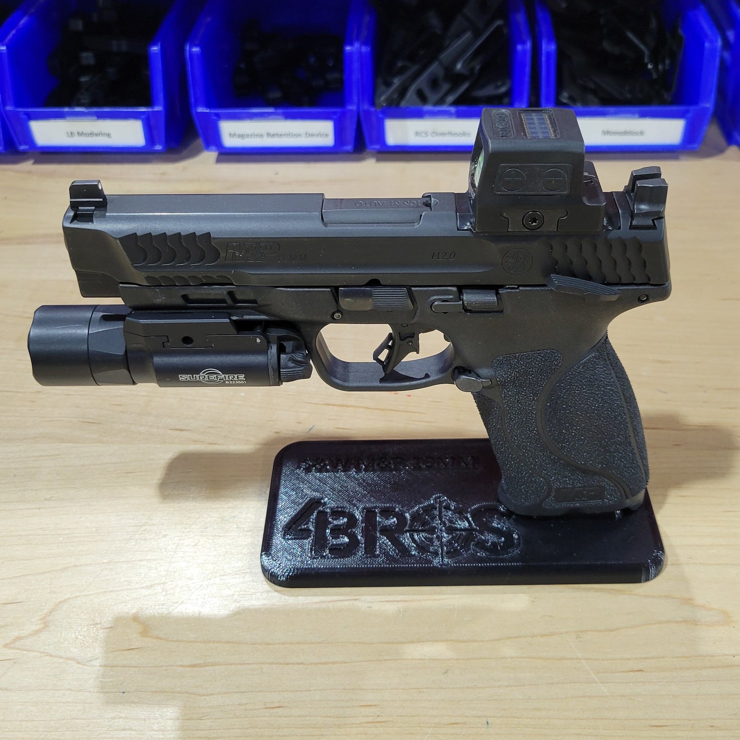 For the best 3D-printed Smith & Wesson 10mm pistol stand, perfect for storing and displaying your favorite handgun, shop Four Brothers Holsters. Printed in the USA with PETG plastic. This is a must-have for anyone wanting to display their favorite 10mm S&W handgun. It works well for storing handguns in a gun safe.