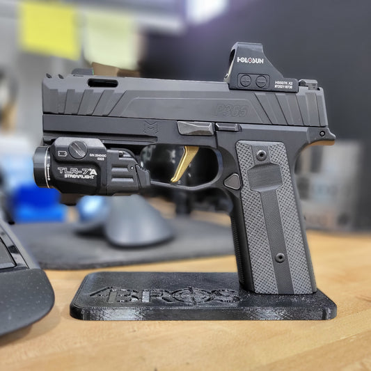 For the best 3D-printed Subcompact Pistol Stand confirmed to fit the Sig Sauer P365, P365XL, P365-XMACRO, Glock 43X and 48, Mischief Machine Grip P365 Grip Modules, Icarus Precision P365 Grip Modules, Springfield Hellcat and Hellcat Pro, shop Four Brothers Holsters. Printed in the USA with PETG plastic.