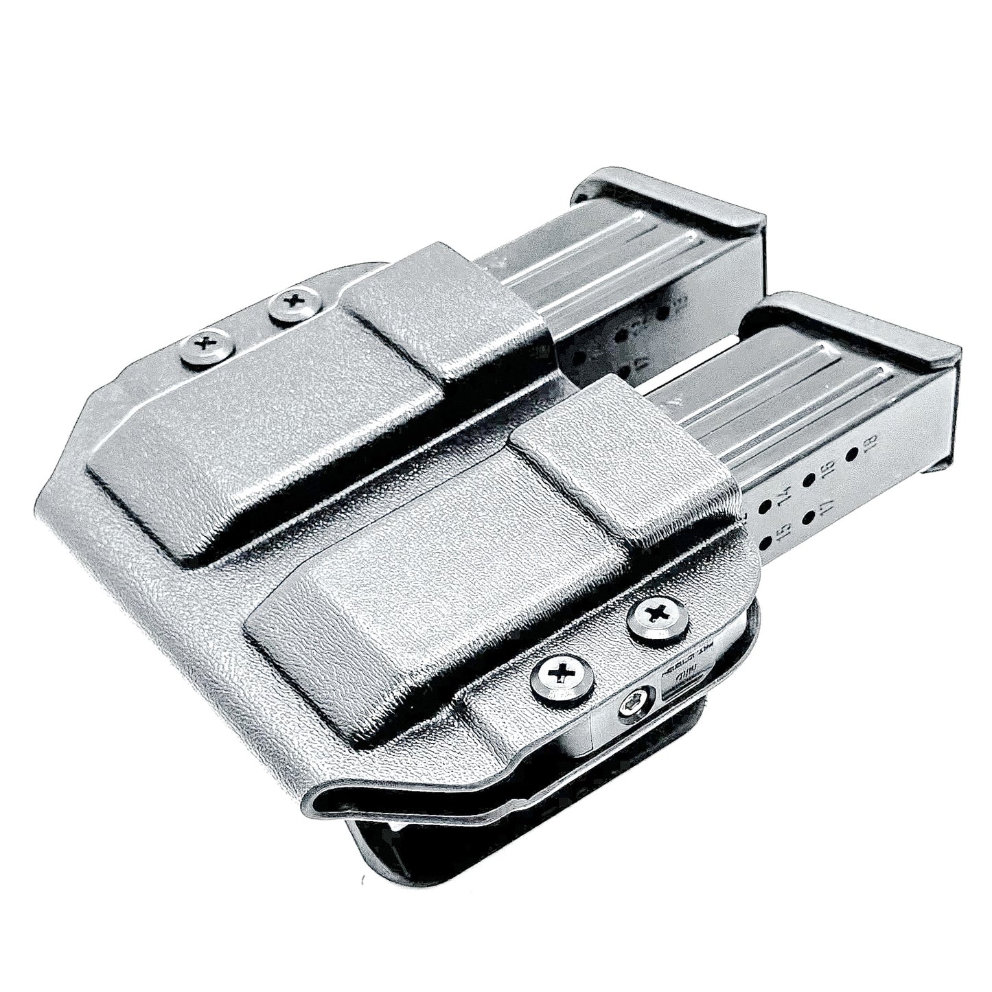 Durable OWB dual magazine holster, fits 9mm and .40 S&W mags from Glock, Sig, Staccato, and more.
