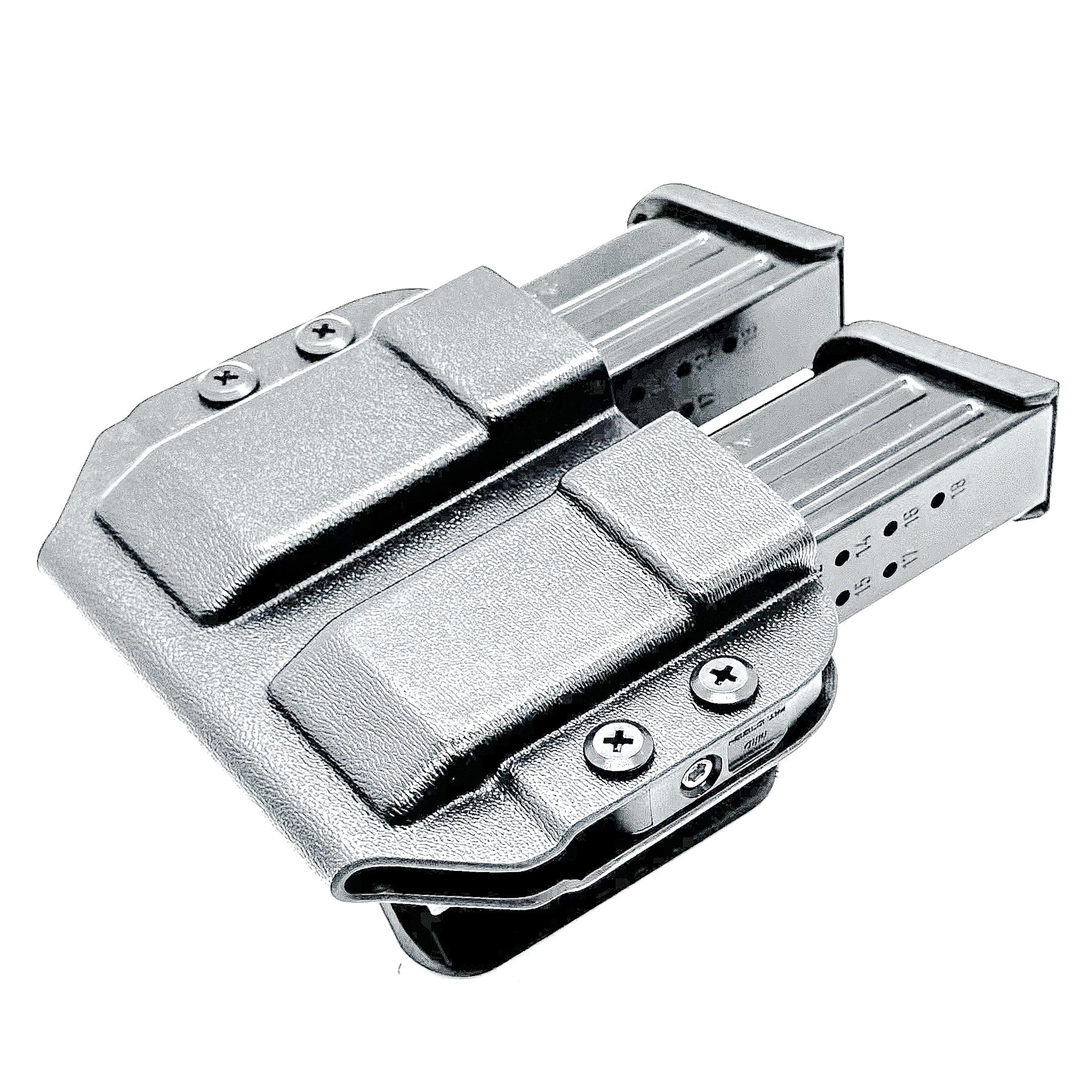 Durable OWB dual magazine holster, fits 9mm and .40 S&W mags from Glock, Sig, Staccato, and more.