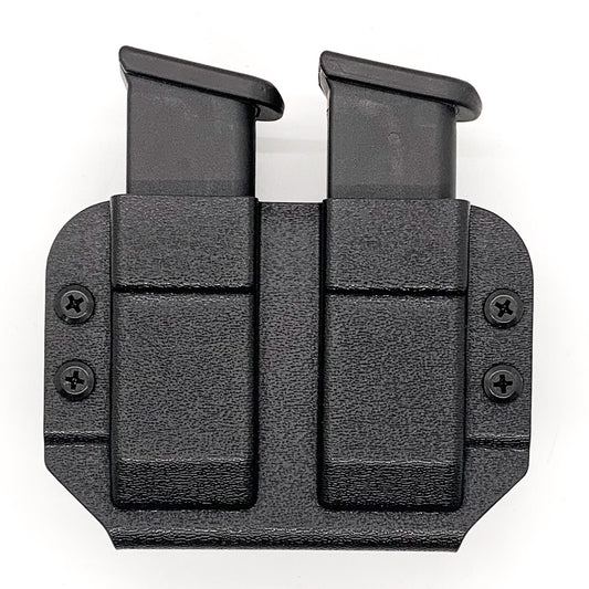 Best Dual Magazine Pouch designed to fit double stack 9mm and 40 S&W pistol magazines from Sig Sauer, Glock, FN, Walther, Ruger, Smith & Wesson and others. Magazine retention is adjustable with the Magazine Retention Device and an 1/8" Allen wrench. Pouch will allow bullets forward or bullets back mag orientation.