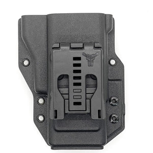 Outside Waistband Kydex Pancake style holster carrier designed to fit the Motorola APX 6000, 7000 and 8000 series portable radios. Features: Molle attachments are standard for mounting on Load Bearing Vests Molded with .080" thick thermoplastic for durability Holster covers the radio screen for added screen protection.