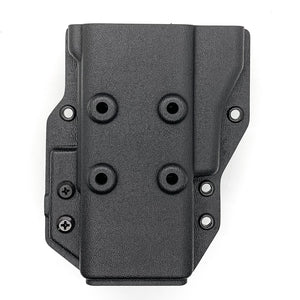Outside Waistband Kydex Pancake style holster carrier designed to fit the Motorola APX 6000, 7000 and 8000 series portable radios. Features: Molle attachments are standard for mounting on Load Bearing Vests Molded with .080" thick thermoplastic for durability Holster covers the radio screen for added screen protection.