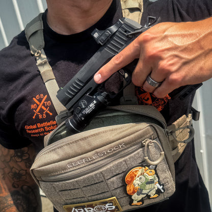 4BROS Holsters Logo Duck Camo PVC Patch measures 1 3/4" x 3 1/2" with a bold white logo on a duck camo background for range bags and gear.