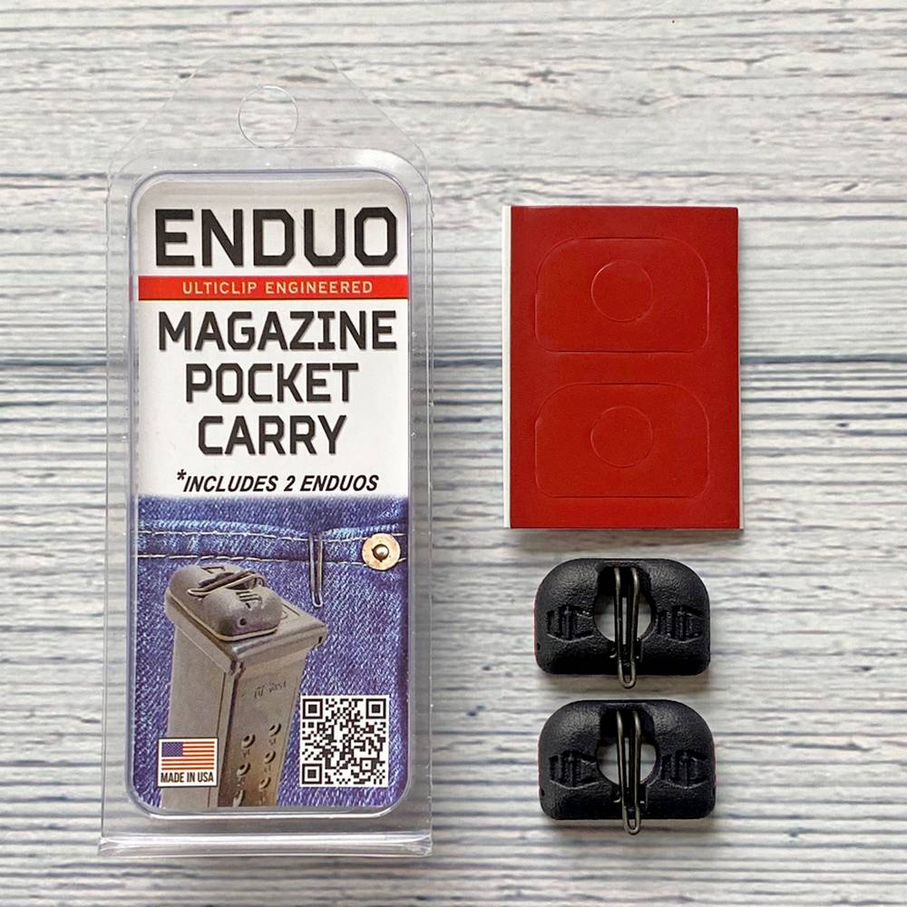 The Ulticlip Enduo allows you to carry a spare magazine without carrying additional equipment. The stainless steel clip automatically retracts when the magazine is removed from your pocket. Installation is simple. The high-bond tape adheres to the baseplate of most pistol magazines, ready for use after 24 hours.