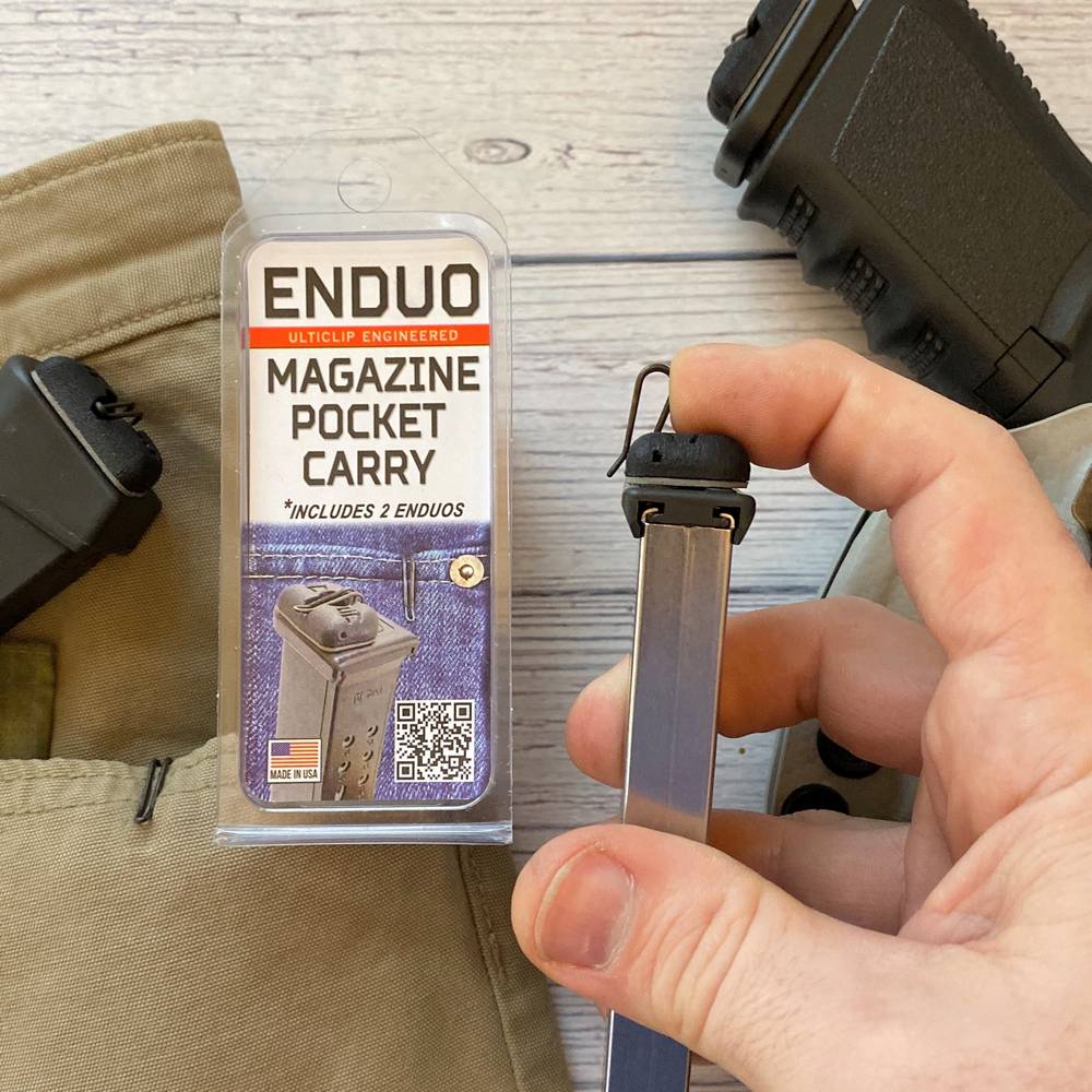 The Ulticlip Enduo allows you to carry a spare magazine without carrying additional equipment. The stainless steel clip automatically retracts when the magazine is removed from your pocket. Installation is simple. The high-bond tape adheres to the baseplate of most pistol magazines, ready for use after 24 hours.