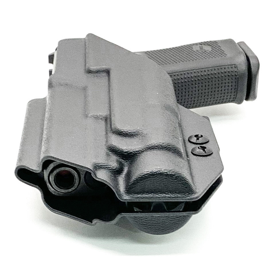 For the best Inside Waistband Taco Style Holster designed to fit the Glock 19, 19X, and 45 Gen 5 pistols with the Streamlight TLR-1 HL mounted to the pistol shop Four Brothers Holsters. Full sweat guard, adjustable retention, minimal material and smooth edges to reduce printing. Proudly made in the USA.