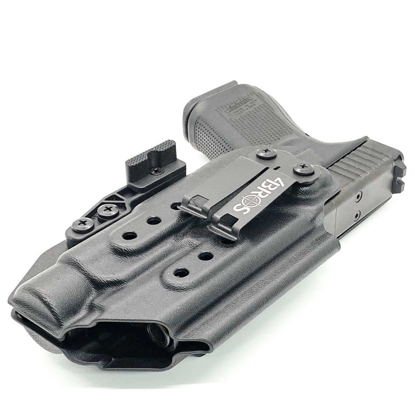 For the best Inside Waistband Taco Style Holster designed to fit the Glock 19, 19X, and 45 Gen 5 pistols with the Streamlight TLR-1 HL mounted to the pistol shop Four Brothers Holsters. Full sweat guard, adjustable retention, minimal material and smooth edges to reduce printing. Proudly made in the USA.