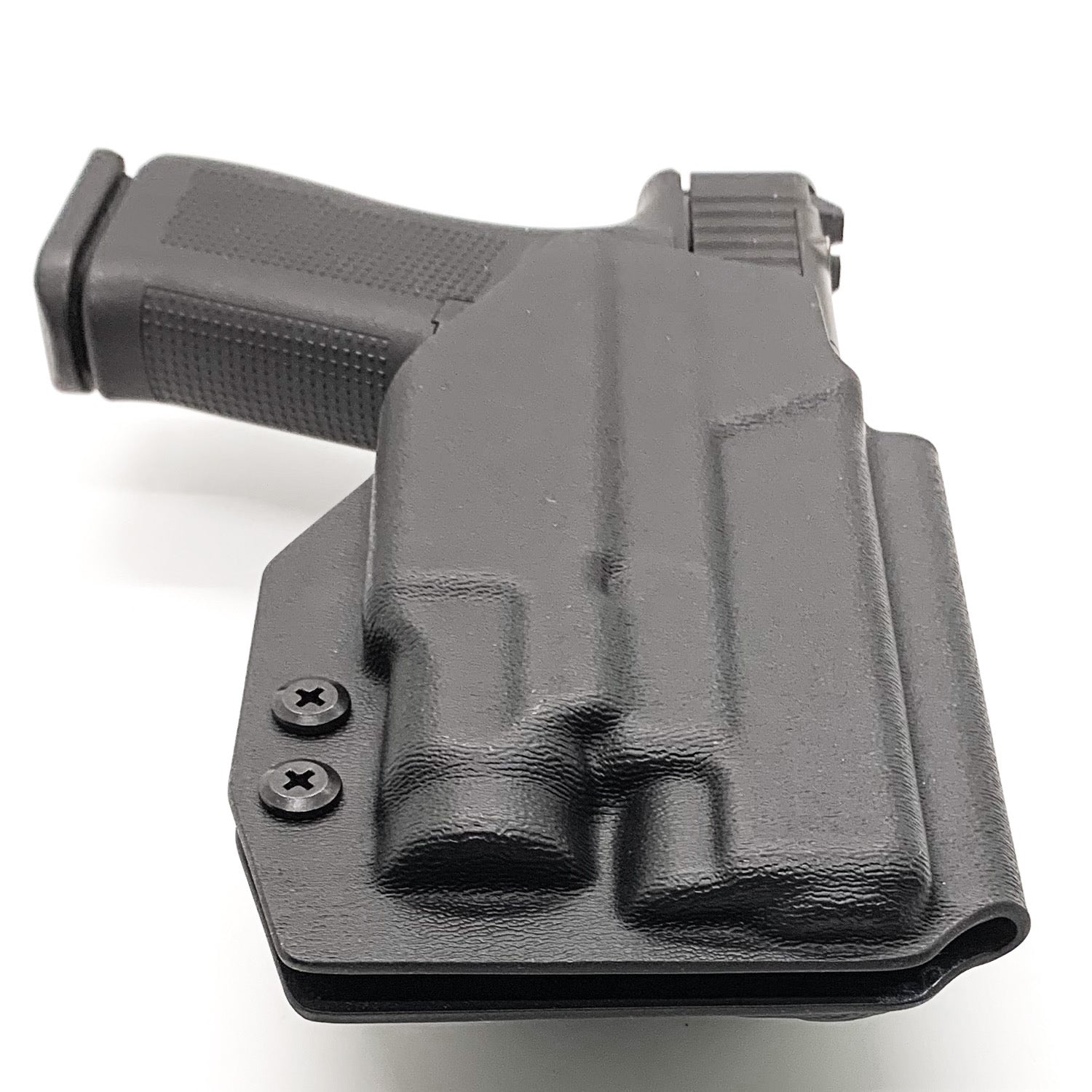 Outside Waistband Holster designed to fit the Glock 43X MOS, 48 MOS, 43X Rail, and 48 Rail pistols with the Streamlight TLR-7 Sub light mounted to the handgun. Full sweat guard, adjustable retention, minimal material and smooth edges to reduce printing. Made in the USA.  43 X 48 X 