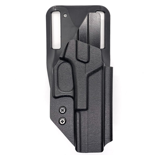 Outside Waistband Taco Style Holster designed to fit the Glock 17, 22, 19, 19x, 45 and 23. Specifically designed for USPSA, 3-Gun, Steel Challenge and other competition shooting sports Made from .080" Thermoplastic. Adjustable retention Holster profile cut to allow red dot sights. Made in the USA