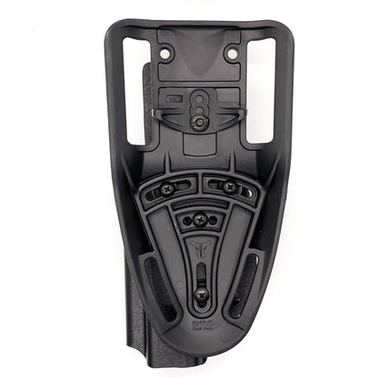 Outside Waistband Taco Style Holster designed to fit the Glock 17, 22, 19, 19x, 45 and 23. Specifically designed for USPSA, 3-Gun, Steel Challenge and other competition shooting sports Made from .080" Thermoplastic. Adjustable retention Holster profile cut to allow red dot sights. Made in the USA