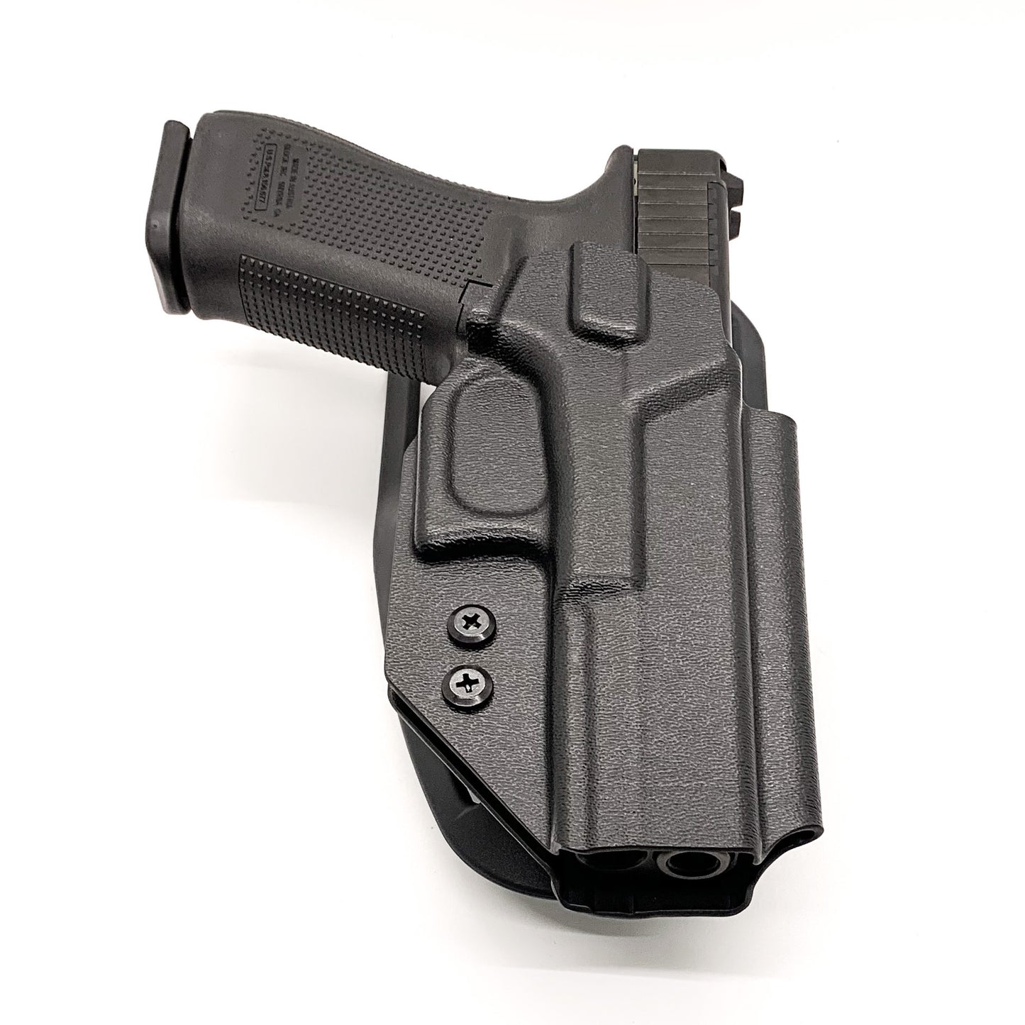 Outside Waistband Taco Style Holster designed to fit the Glock 17, 22, 19, 19x, 45 and 23. Specifically designed for USPSA, 3-Gun, Steel Challenge and other competition shooting sports Made from .080" Thermoplastic. Adjustable retention Holster profile cut to allow red dot sights. Made in the USA