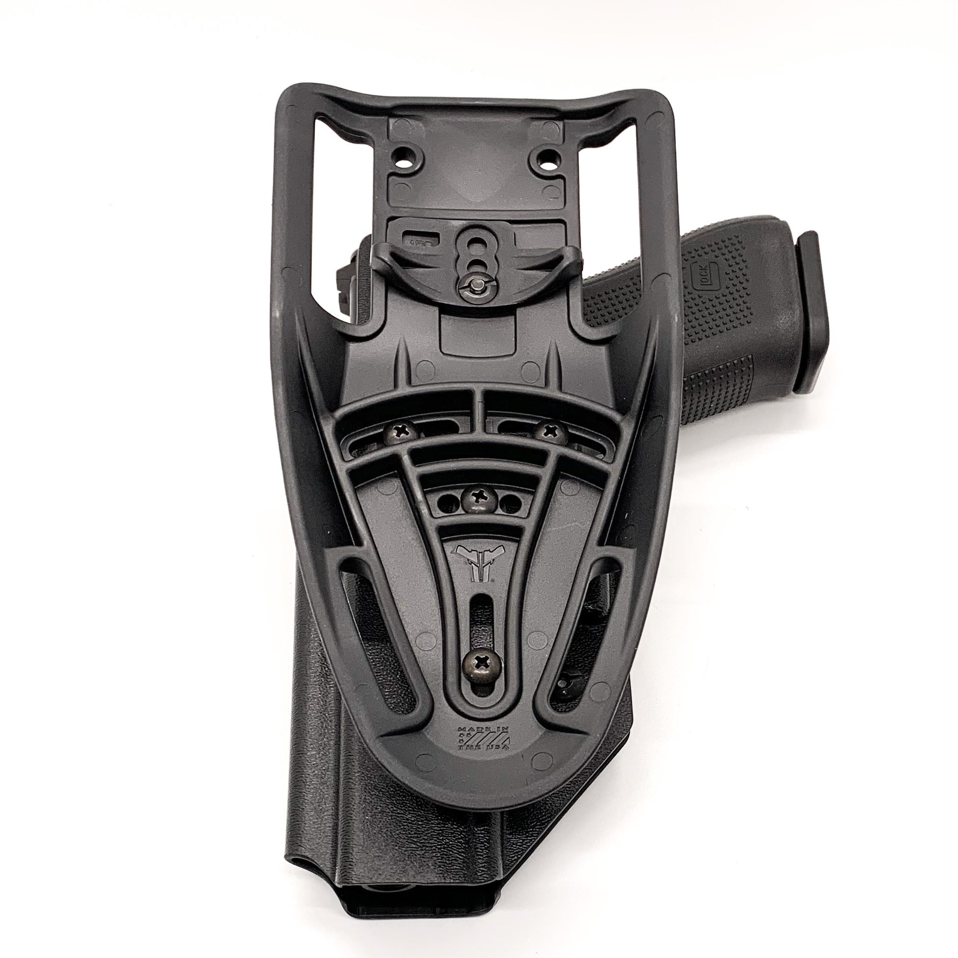 Outside Waistband Taco Style Holster designed to fit the Glock 17, 22, 19, 19x, 45 and 23. Specifically designed for USPSA, 3-Gun, Steel Challenge and other competition shooting sports Made from .080" Thermoplastic. Adjustable retention Holster profile cut to allow red dot sights. Made in the USA