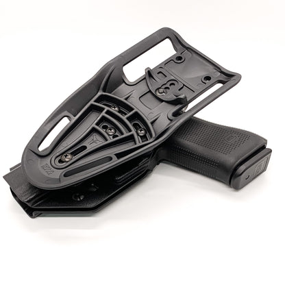 Outside Waistband Taco Style Holster designed to fit the Glock 17, 22, 19, 19x, 45 and 23. Specifically designed for USPSA, 3-Gun, Steel Challenge and other competition shooting sports Made from .080" Thermoplastic. Adjustable retention Holster profile cut to allow red dot sights. Made in the USA