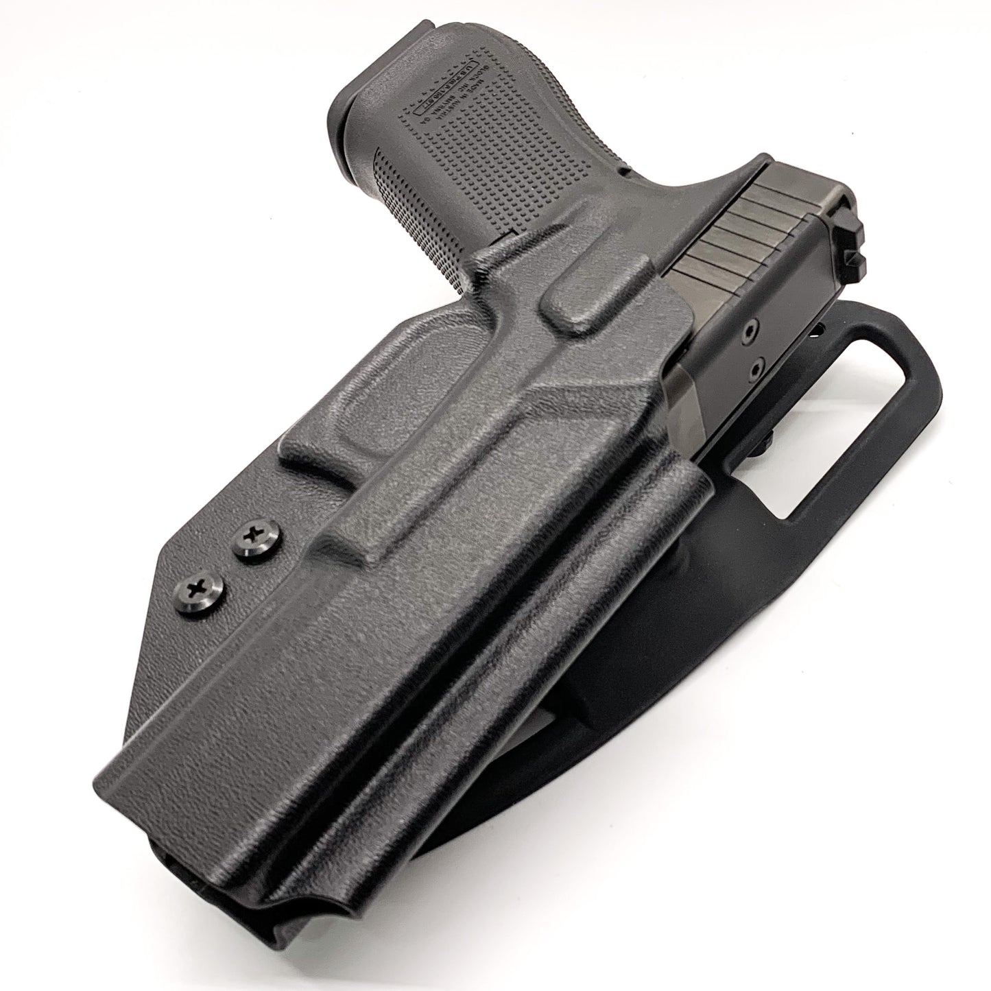 Outside Waistband Taco Style Holster designed to fit the Glock 17, 22, 19, 19x, 45 and 23. Specifically designed for USPSA, 3-Gun, Steel Challenge and other competition shooting sports Made from .080" Thermoplastic. Adjustable retention Holster profile cut to allow red dot sights. Made in the USA