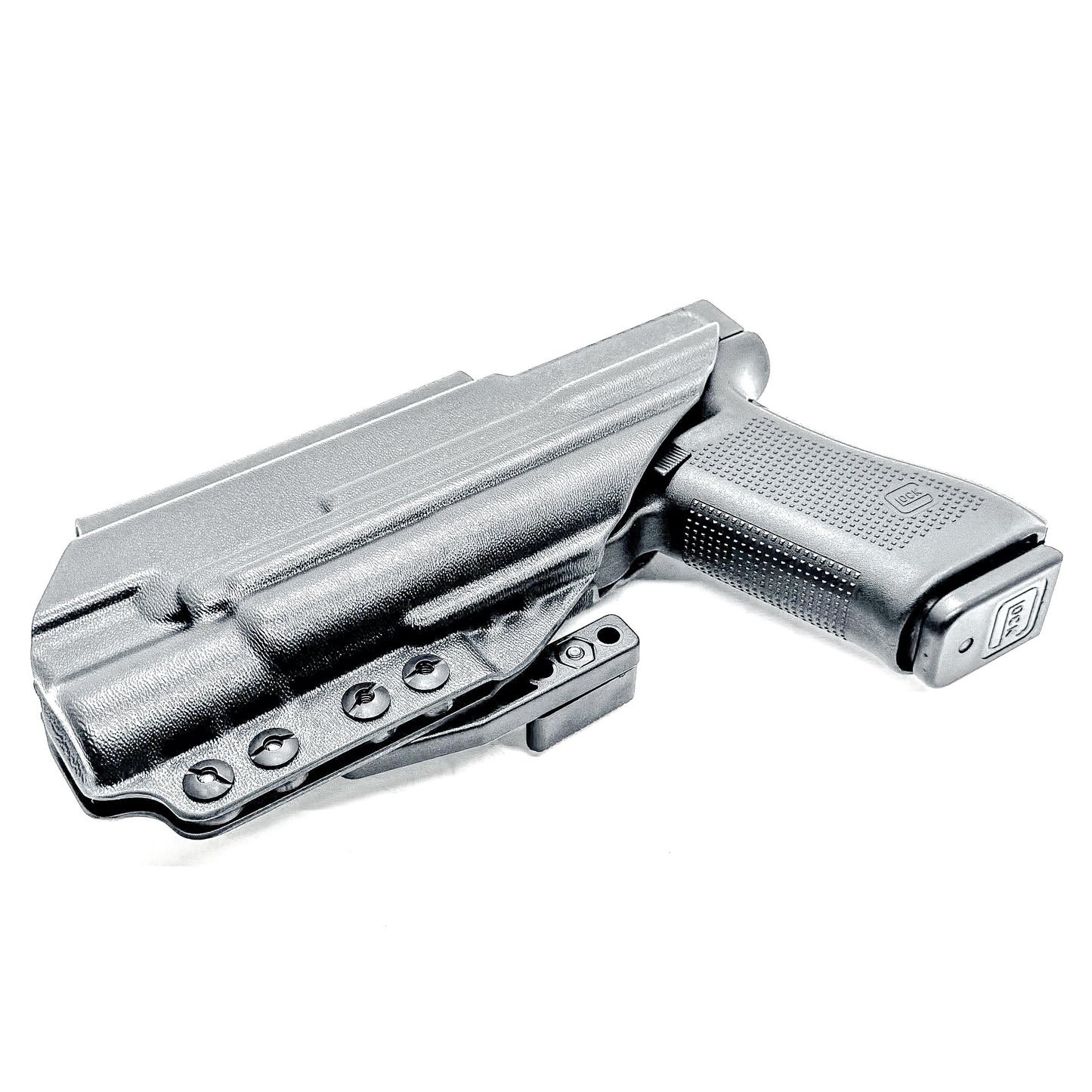 Black Inside Waistband IWB holster for either the Glock 17 or 47 with the Surefire X300.  Shown with a DCC Monoblock and a modwing.