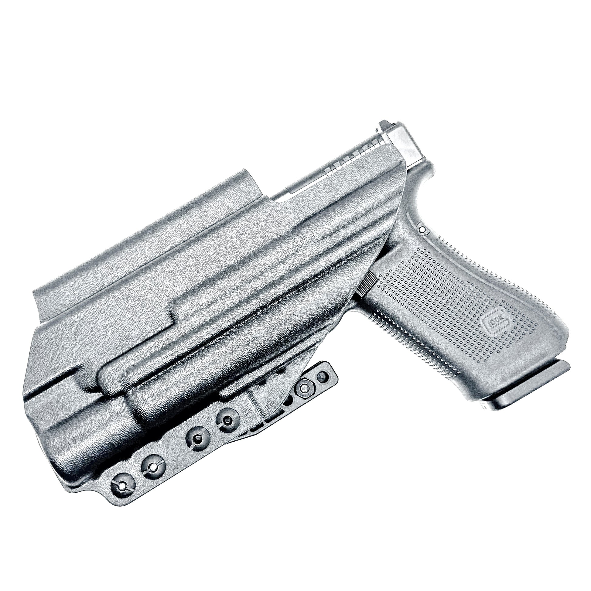 Black Inside Waistband IWB holster for either the Glock 17 or 47 with the Surefire X300.  Shown with a DCC Monoblock and a modwing.