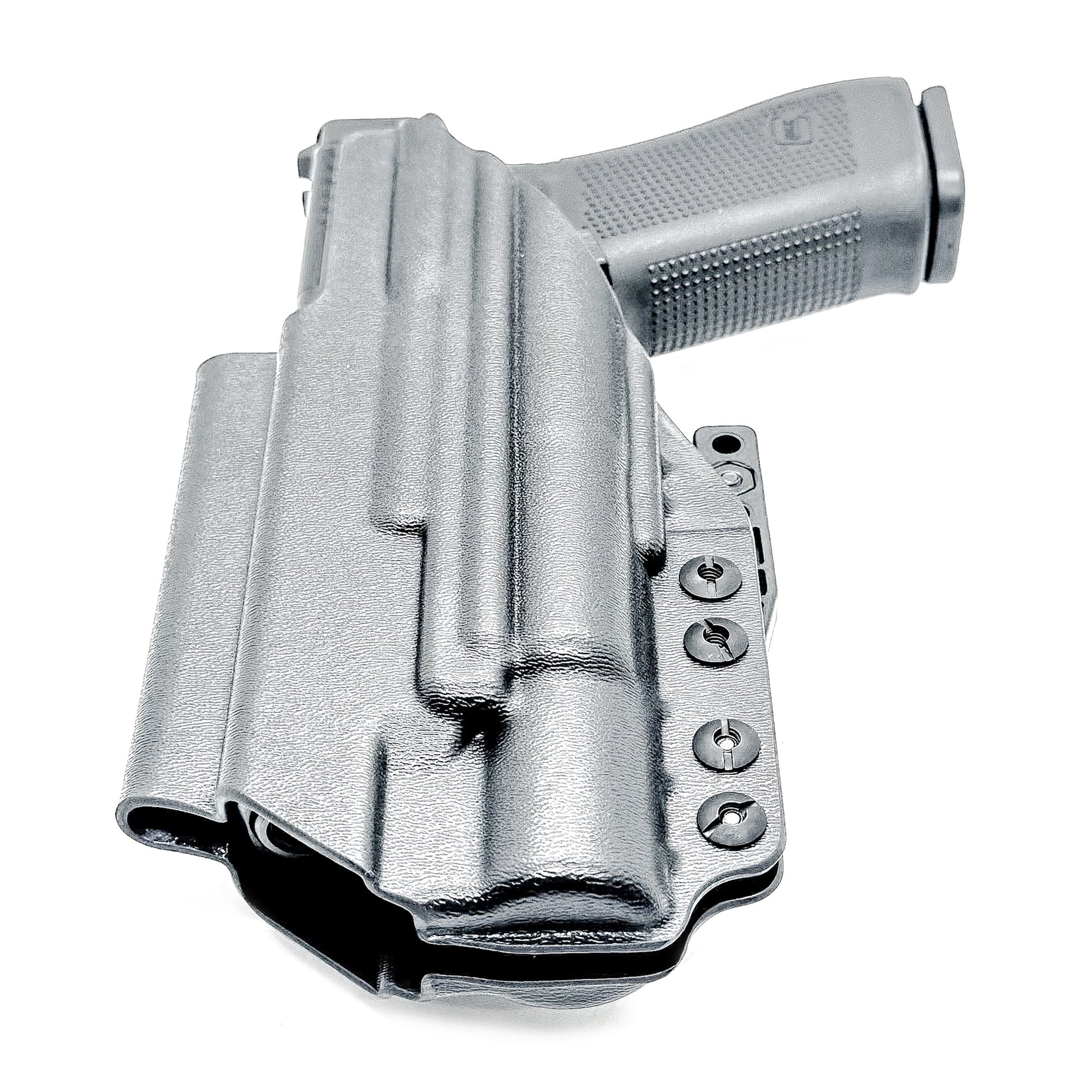 Black Inside Waistband IWB holster for either the Glock 17 or 47 with the Surefire X300.  Shown with a DCC Monoblock and a modwing.